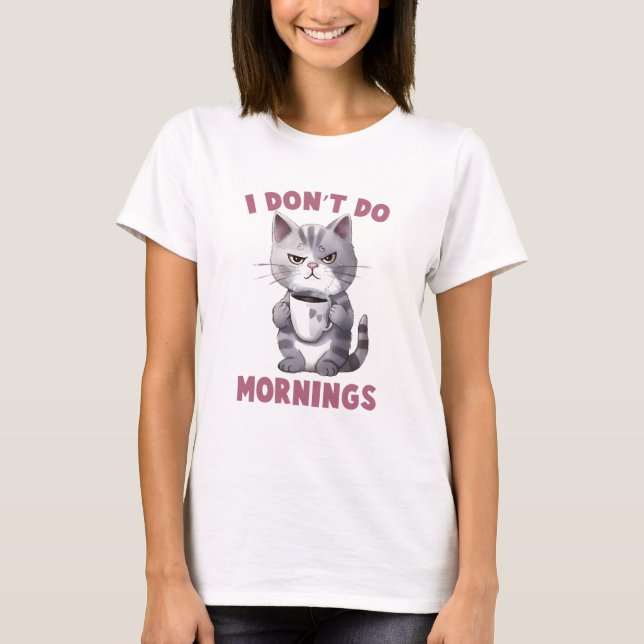 Camiseta No hago mañanas - Gato gris con café (Anverso)
