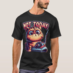Camiseta "¡No Hoy!" Lindo Gato Gruñón con Aspiradora