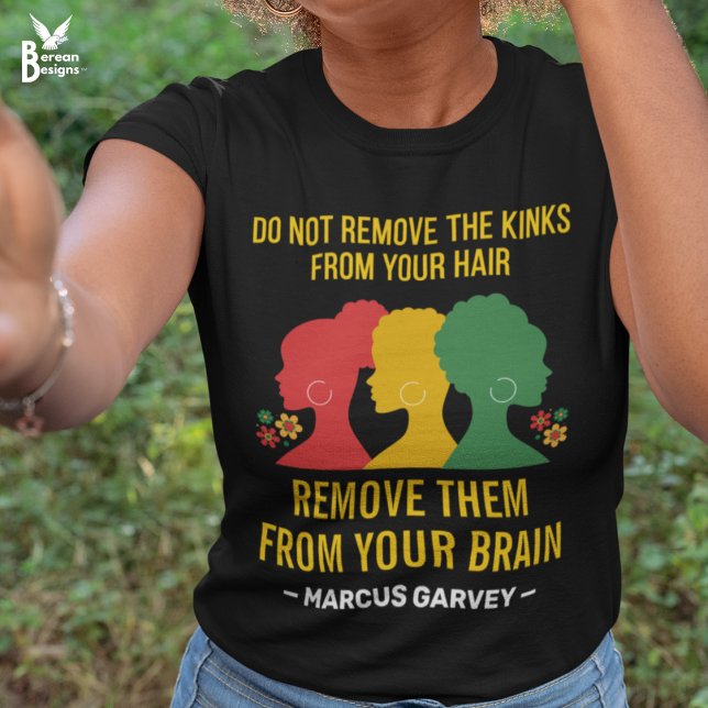 Camiseta NO RETIREN LOS COLGOS DE SU PELO Garvey Afro (Black tee with red, yellow, green silhouettes of afro hairstyles and Marcus Garvey quote in yellow)
