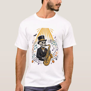 Camiseta Noche de jazz de saxofón esqueleto Halloween Arte