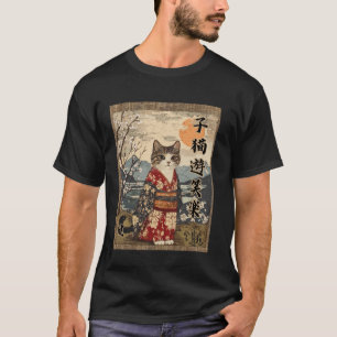 Camiseta Noche de luna llena Gato lindo Kimono Flores Kanji