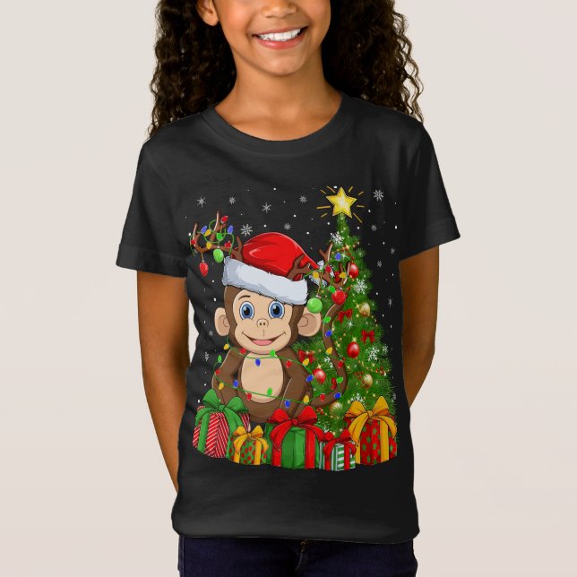 Camiseta Noche de luz de mono árbol de navidad Santa Hat (Anverso)