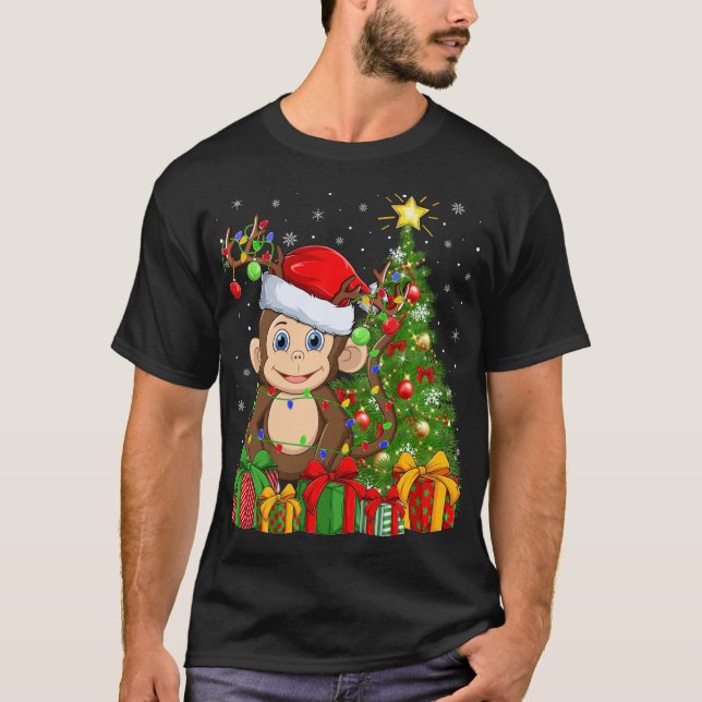 Camiseta Noche de luz de mono árbol de navidad Santa Hat (Anverso)