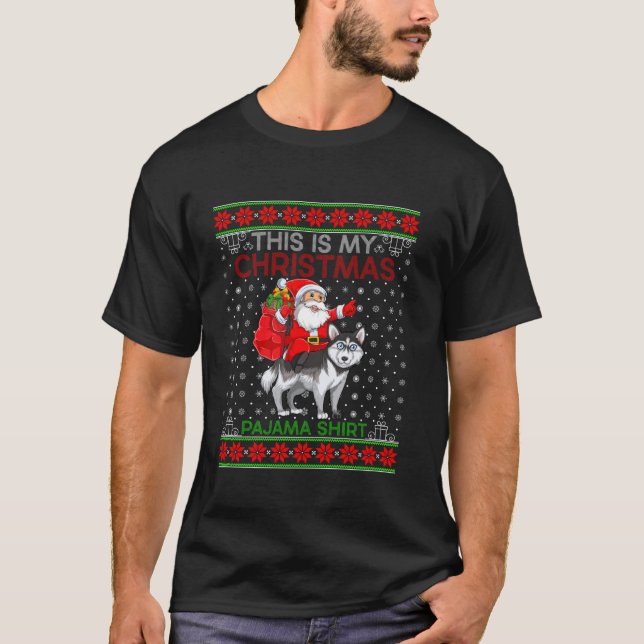 Camiseta Noche de navidad fea dulce Santa Riding Perro Husk (Anverso)