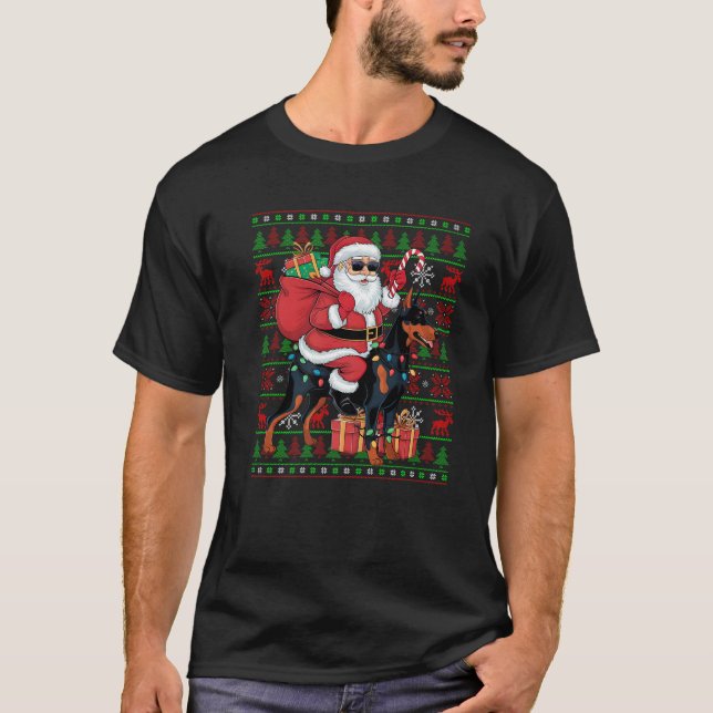 Camiseta Noche de navidad fea Santa Riding Doberman Pinsche (Anverso)