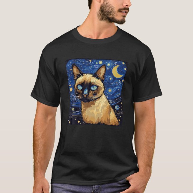 Camiseta Noche del gato siamés Starry Van Gogh Halloween Ki (Anverso)