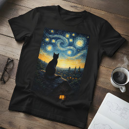 Camiseta Noche divertida estrellada  Gato negro y cielo gir