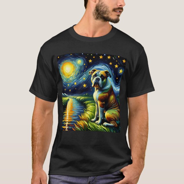 Camiseta Noche estrellada Bulldog americano perro Van Gogh  (Anverso)