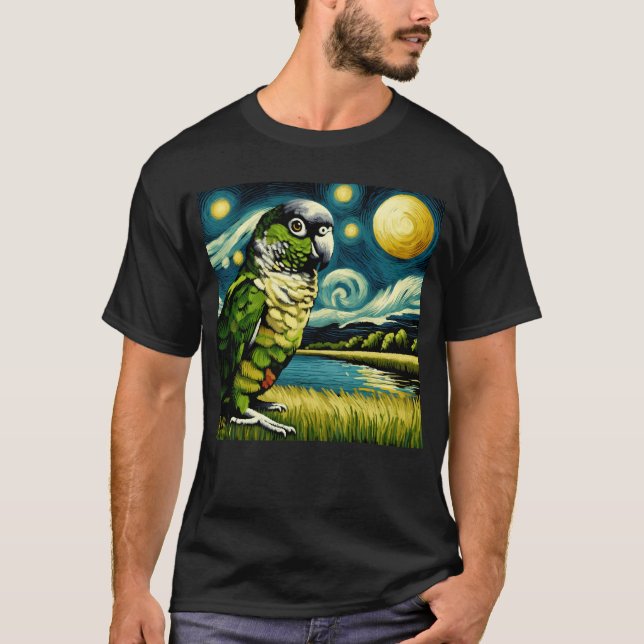 Camiseta Noche estrellada Cheek verde Conure Parrot Van Gog (Anverso)