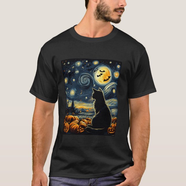 Camiseta Noche estrellada Halloween disfraces de gato negro (Anverso)