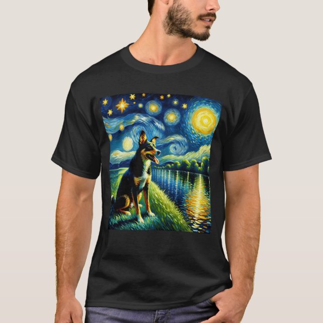 Camiseta Noche estrellada Perro Kelpie australiano Van Gogh (Anverso)