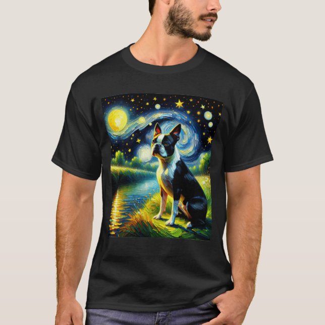 Camiseta Noche estrellada Perro Terrier de Boston Van Gogh  (Anverso)