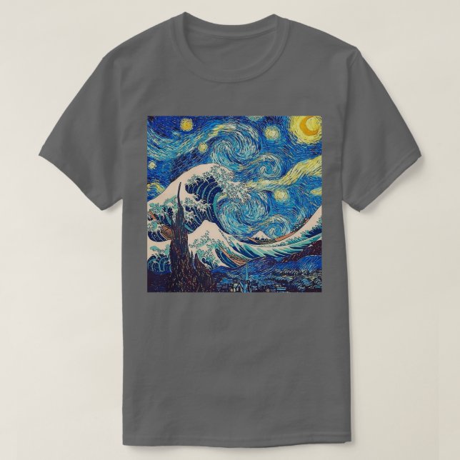 Camiseta Noche estrellada se encuentra con la Gran Ola (Diseño del anverso)