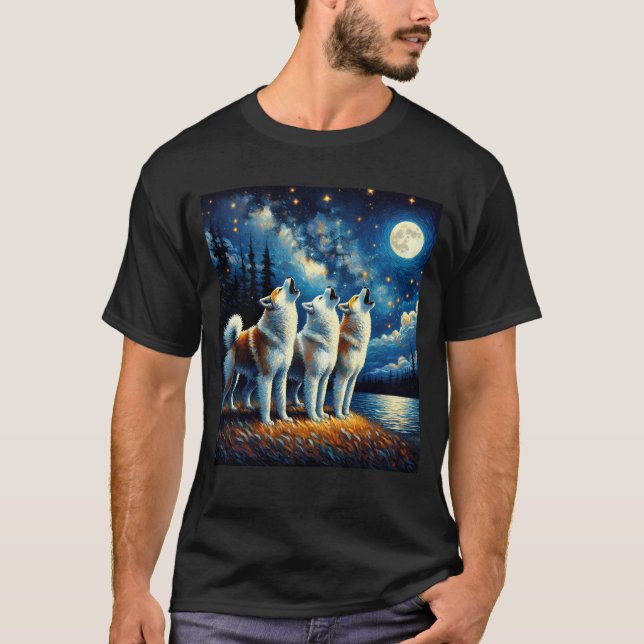 Camiseta Noche estrellada tres Akita llorando en el amante  (Anverso)
