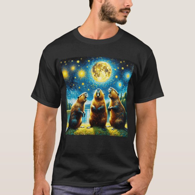 Camiseta Noche estrellada tres castores llorando en Moon Va (Anverso)