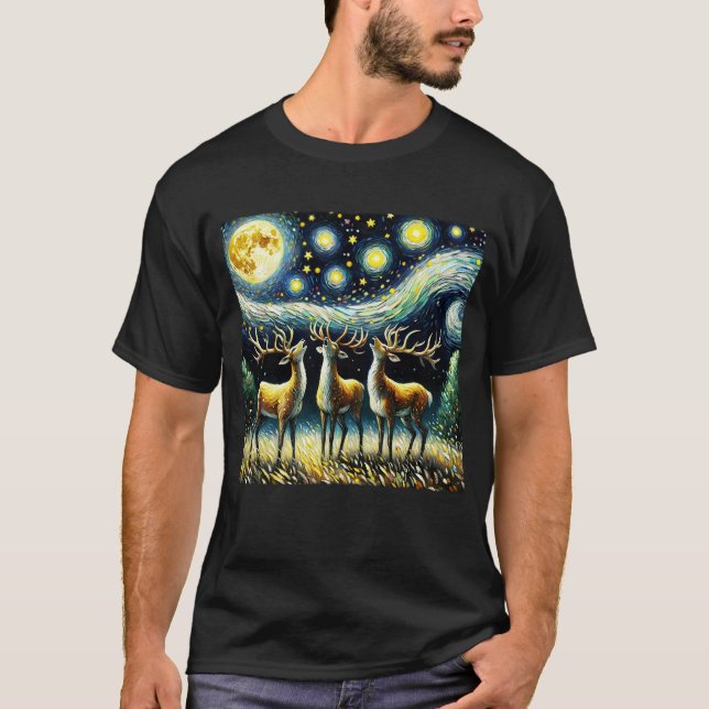 Camiseta Noche estrellada tres ciervos llorando en la luna  (Anverso)