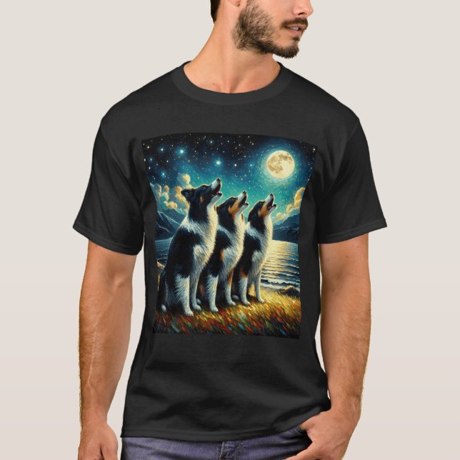 Camiseta Noche estrellada tres collies de bordes llorando e (Anverso)