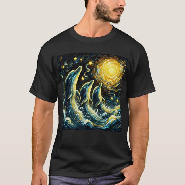 Camiseta Noche estrellada tres delfines llorando en la luna (Anverso)