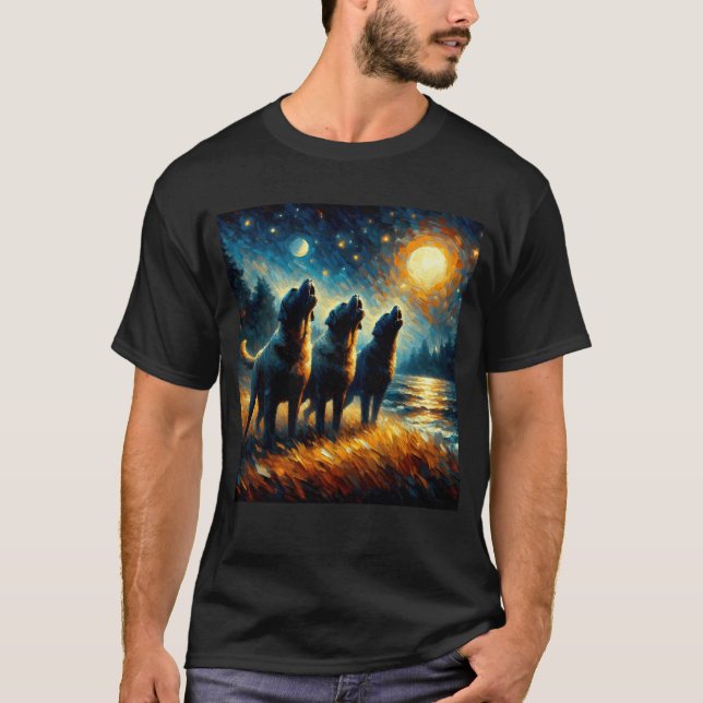 Camiseta Noche estrellada tres mastiff Howling at Moon Dog (Anverso)
