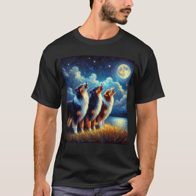 Camiseta Noche estrellada Tres Pastores Australianos Howlin (Anverso)