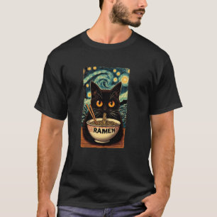 Camiseta Noche estrellada Van Gogh, gato comiendo ramen, am