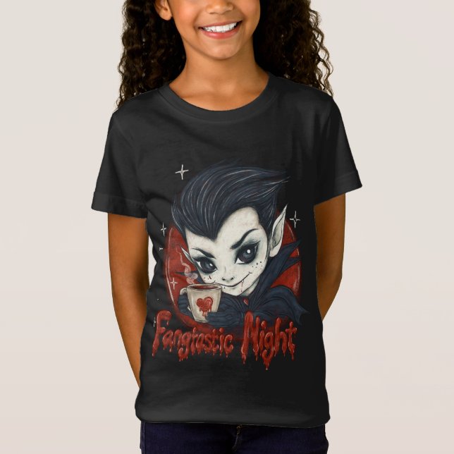 Camiseta Noche fantástica. Vampiro lindo con una taza de ca (Anverso)