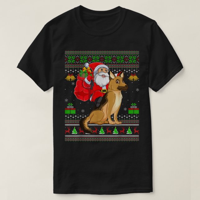 Camiseta Noche graciosa Santa Claus montando pastor alemán (Diseño del anverso)