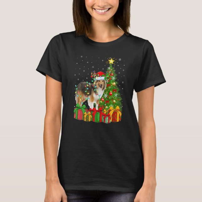 Camiseta Noche navideño alumbra a Santa Sheltie Perro Navid (Anverso)