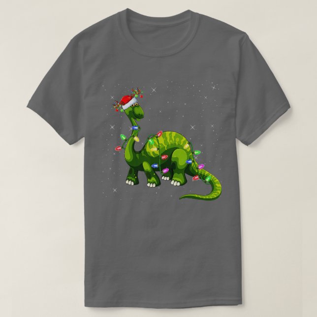 Camiseta Noche navideño alumbrado Santa Brontosaurus Dinosa (Diseño del anverso)