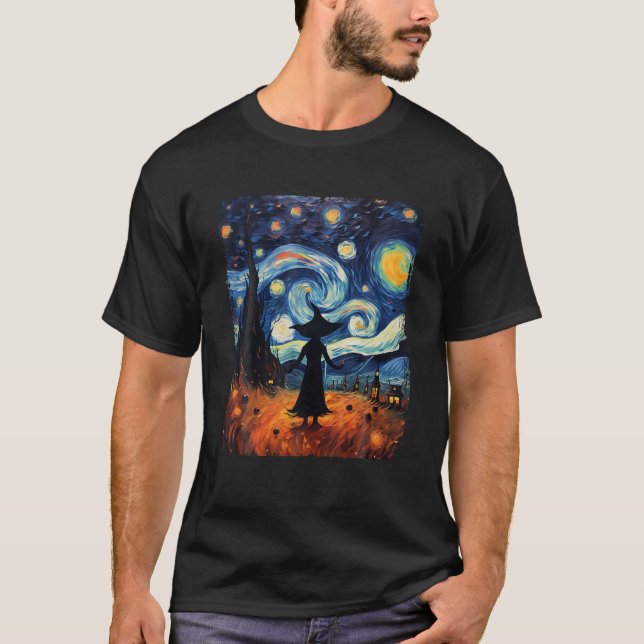 Camiseta Noche Retro Starry Van Gogh Witch Halloween Art Pa (Anverso)