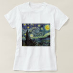 Camiseta Noche Starry - van Gogh<br><div class="desc">Desde la lámpara de Nuenen del minero hasta la que colocó en su ventana siguiendo la escena con Gauguin; desde la estrella de la noche que observó en 1875 en Corot Olive Orchard hasta la carta que le escribió a su hermano en agosto de 1888, en la que decía: "Algún...</div>