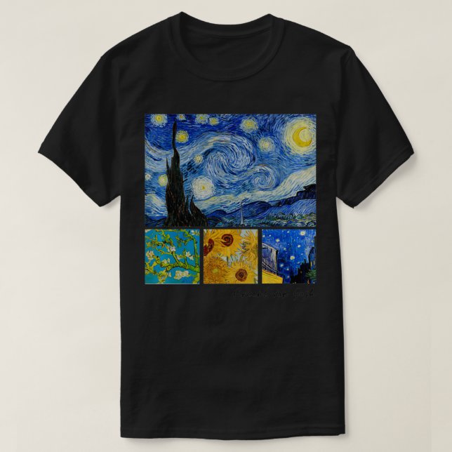 Camiseta Noche Van Gogh Starry, flores de almendra, girasol (Diseño del anverso)
