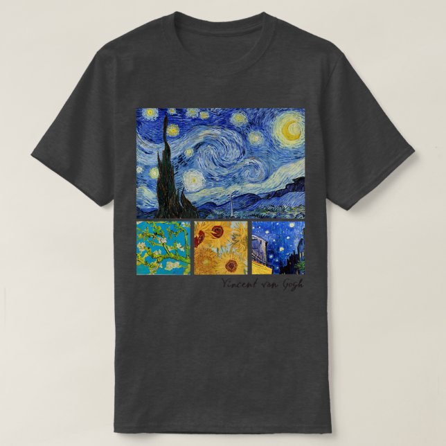 Camiseta Noche Van Gogh Starry, flores de almendra, girasol (Diseño del anverso)