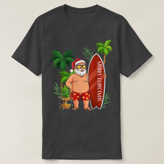 Camiseta Nochebuena divertida de Santa Surfing Feliz Navida (Diseño del anverso)