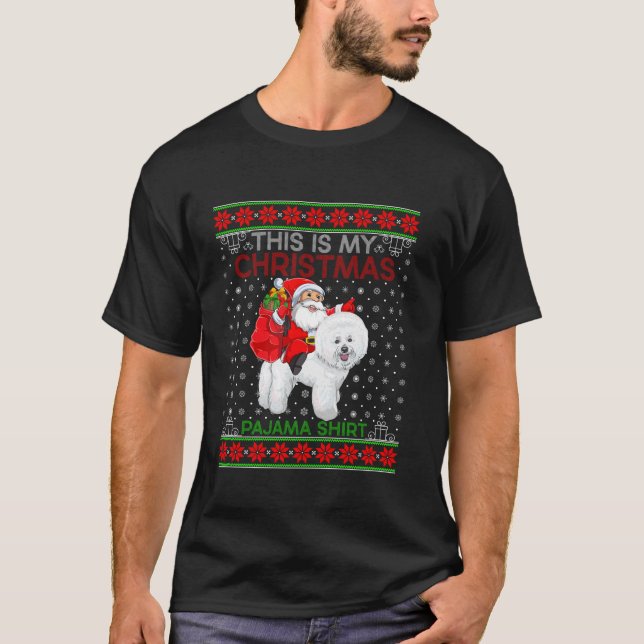 Camiseta Nochebuena fea dulce Santa Riding Bichon Frise Dog (Anverso)