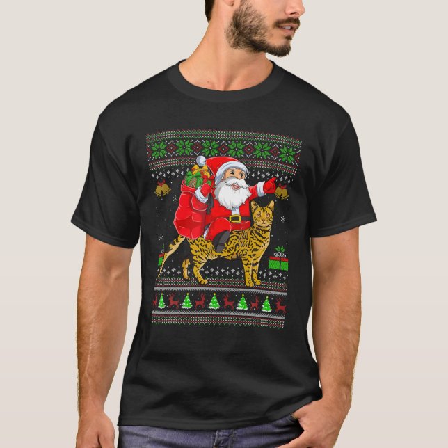 Camiseta Nochebuena graciosa Papá Noel montando el gato de  (Anverso)