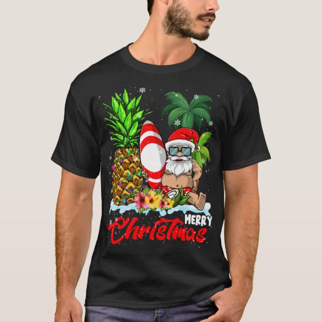 Camiseta Nochebuena navideña enciende Santa Surfing Hawaii (Anverso)