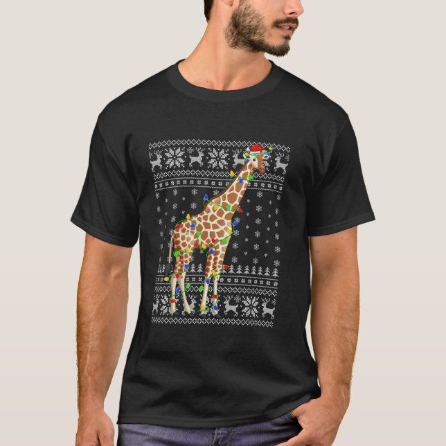 Camiseta Nochebuena sudorosa enciende Santa Hat Giraffe Nav (Anverso)
