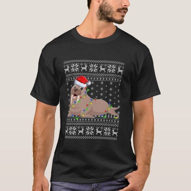 Camiseta Nochebuena sudorosa enciende Santa Hat Walrus Chri (Anverso)