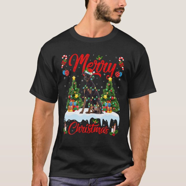 Camiseta Noches divertidas iluminando Santa Hat Doberman Pi (Anverso)