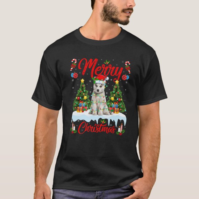 Camiseta Noches divertidas iluminando Santa Hat Perro Husky (Anverso)