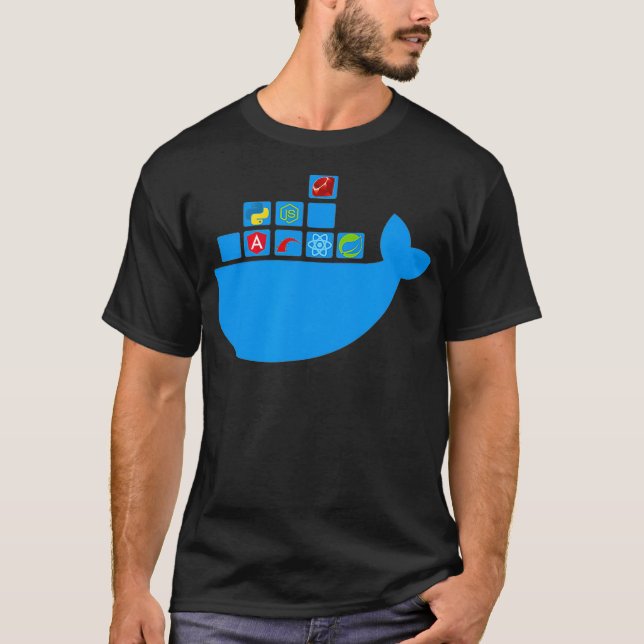 Camiseta Nodo de reacción de Docker Js Ruby Rail Python Hac (Anverso)