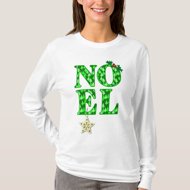Camiseta NOEL en un patrón de árbol de Navidad verde (Anverso)