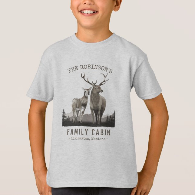 Camiseta Nombre de familia Cabina Deer Pine Tree Forest Gra (Anverso)