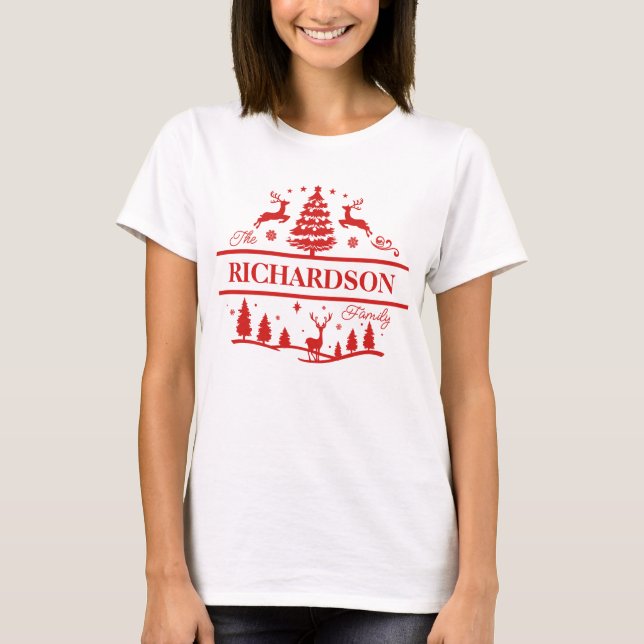 Camiseta Nombre de familia de Navidades rojos | Monograma d (Anverso)