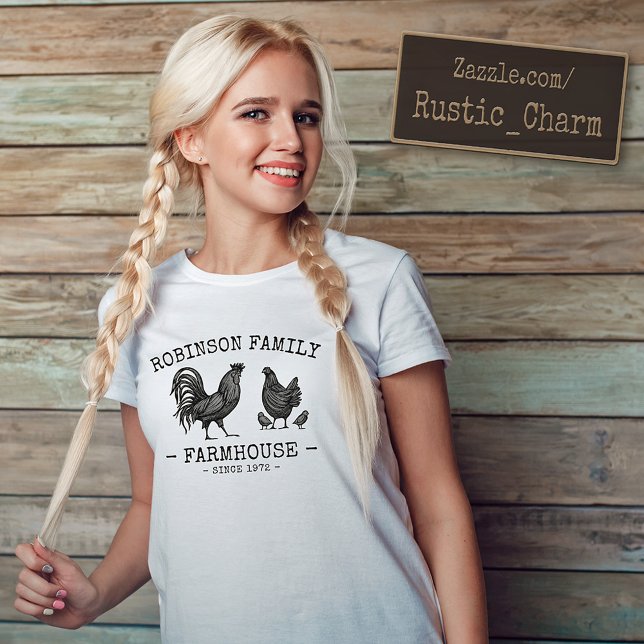 Camiseta Nombre de familia Farmhouse Hen Chicks Rooster (Several styles and colors to choose from.)