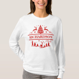 Camiseta Nombre de familia personalizada de Navidades rojos