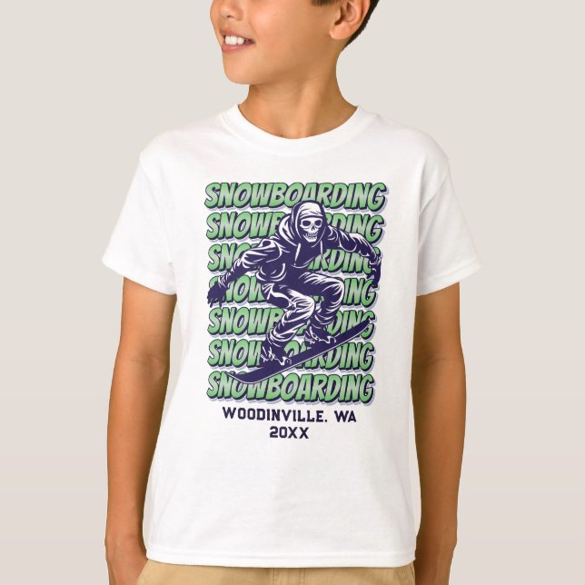 Camiseta Nombre de fecha de ubicación del Snowboarding pers (Anverso)