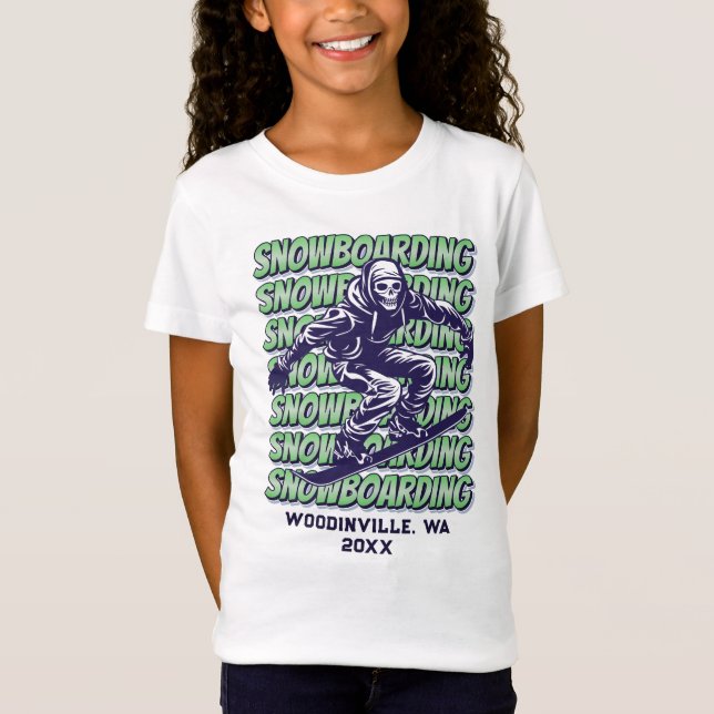 Camiseta Nombre de fecha de ubicación del Snowboarding pers (Anverso)