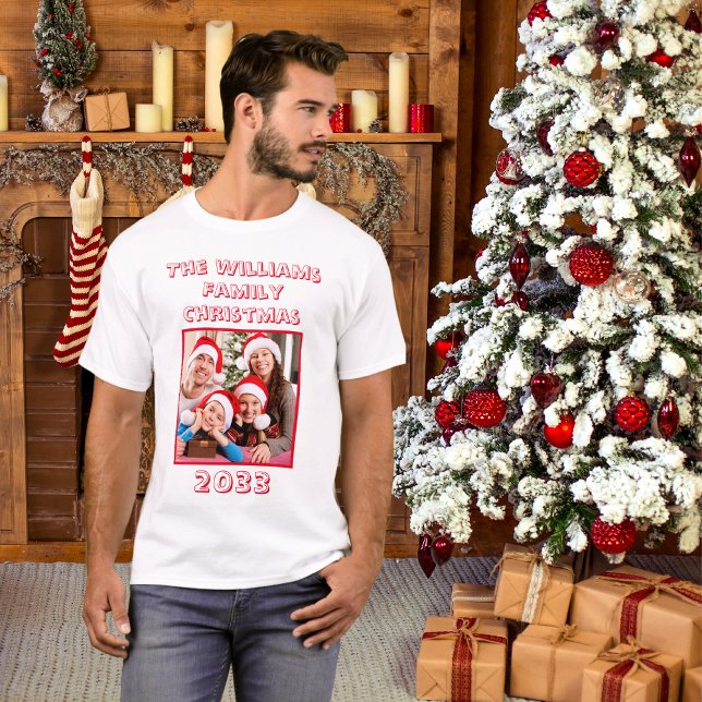 Camiseta Nombre De La Familia Y Foto De Papá Blanco (Dad Christmas T Shirt)